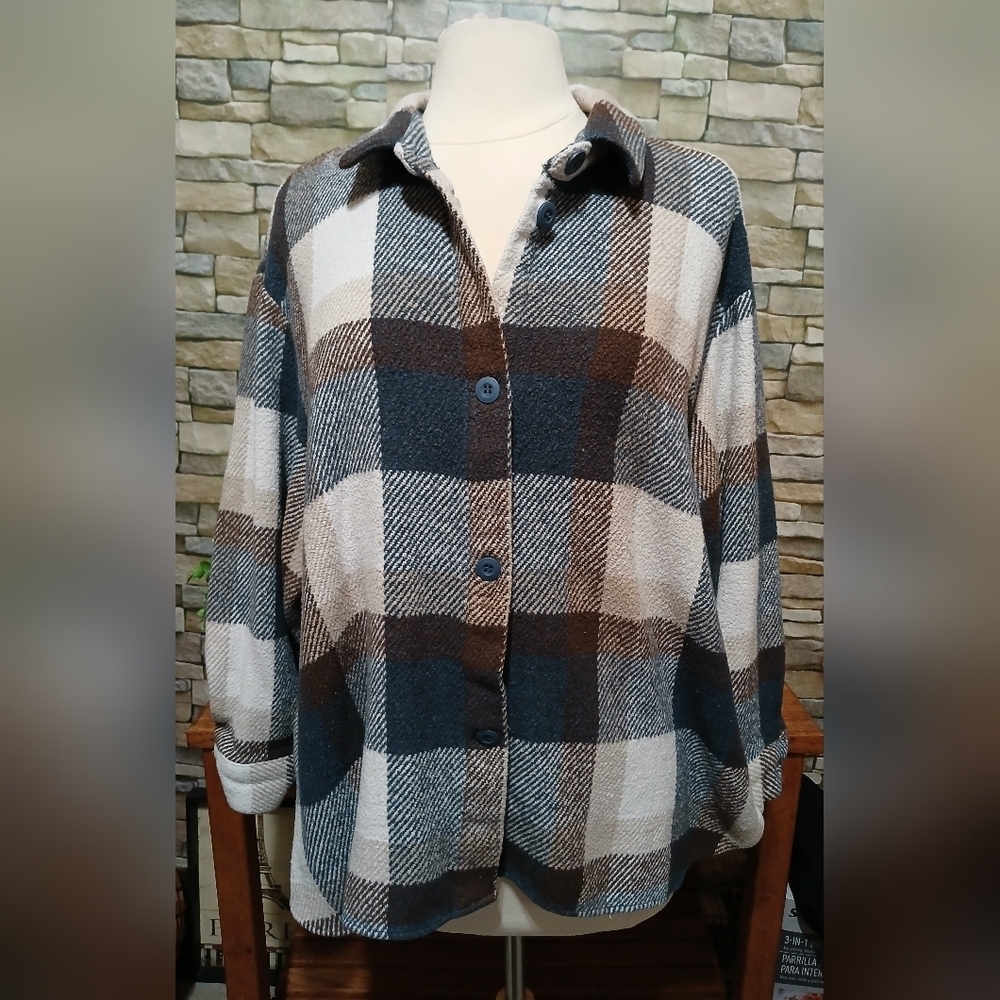 Womens XL Plaid Button Down Shacket Jacket Cottagecore